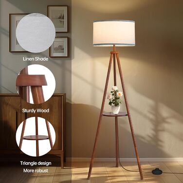 Стельова лампа з полицею, пульт дистанційного керування, 3 колірні температури, тринога, для вітальні, спальні, офісу (горіх), бежевий абажур