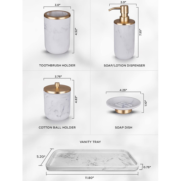 Набір аксесуарів для ванної кімнати: дозатор мила та тримач для зубних щіток, мармур, золото, стиль фермерський дім, 5 предметів