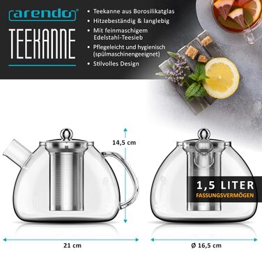 Скляний чайник Arendo з ситечком із нержавіючої сталі, 1500 мл, термостійке боросилікатне скло для листового, трав'яного та фруктового чаю