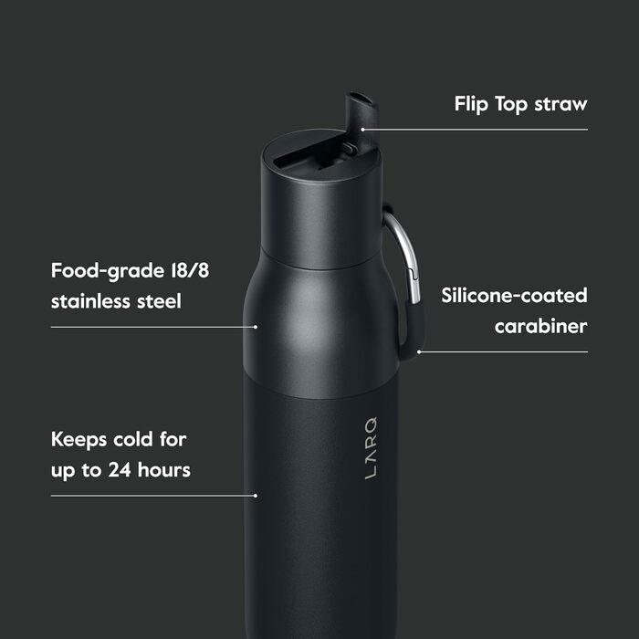 LARQ Bottle Flip Top 500ml - Insulated Stainless Steel Water Bottle with Straw | Reusable Water Bottle for Sports, Gym, and Travel | Keeps Drinks Cold, Obsidian Black