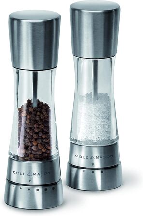 Cole & Mason Derwent Salt & Pepper Mill Set – 19cm, Adjustable Ceramic Grinder, Stainless Steel & Acrylic Design, Color: Stainless Steel, Precise Grinding, Durable
