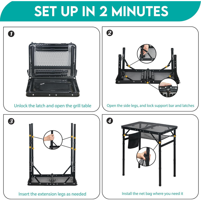 Складний кемпінговий стіл для пікніка, грилю, саду, пляжу 60x40x26.5/41.5/67.5 см, регульована висота, чорний