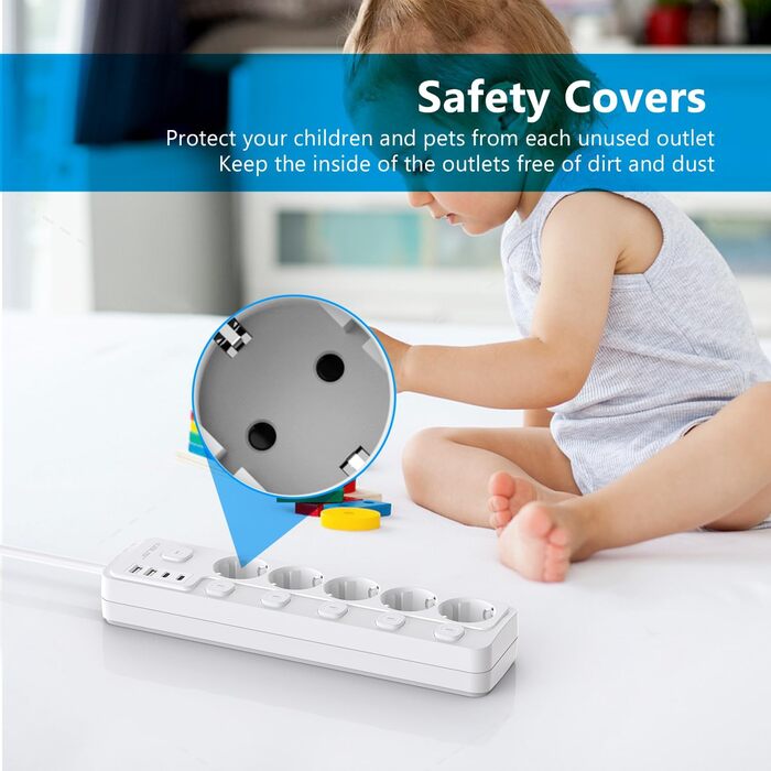 Смуга розеток JSVER на 5 розеток з індивідуальним вимикачем, 2 USB-A та 2 USB-C (17W), 2м кабель живлення для смартфонів та ноутбуків - білий