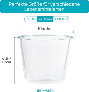 Набір контейнерів для їжі Vtopmart (15 шт.) з кришкою, скляні дозовані контейнери, для зберігання їжі, сумісні з мікрохвильовою піччю, морозильником та посудомийною машиною (6 шт. супових мисок)