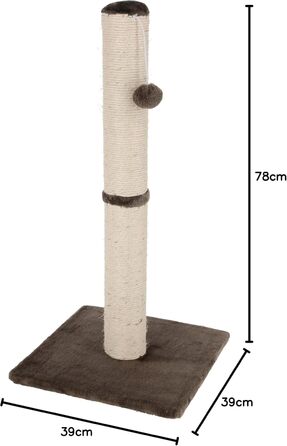 Дряпальня для котів Kerbl Opal Maxi, кігтеточка, сіра, з натурального сизалю, 38x38x78 см, для котів середніх розмірів, з мотузкою з сизалю, для догляду за кігтями, з плюшевою іграшкою