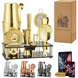 Набір шейкерів Boston - 16 предметів з нержавіючої сталі з акриловою основою, набір для приготування коктейлів (золотий)