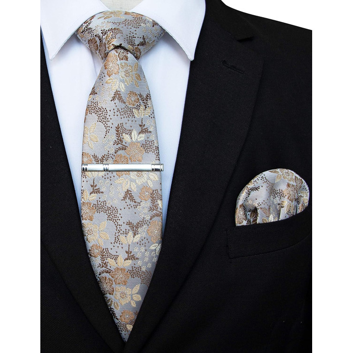Чоловічий краватка-набір JEMYGINS з квітковим принтом та нагрудною хустинкою, з затискачем для краватки, білий золотий