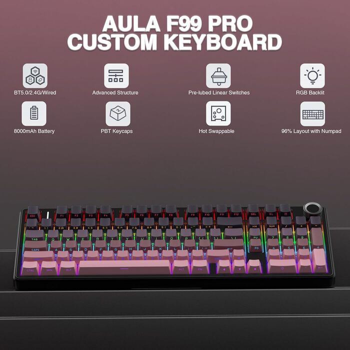 Механічна ігрова клавіатура AULA F99 Pro: RGB, Hot-swap, Wireless, QWERTY, чорно-рожева