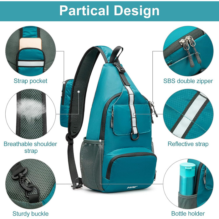 Сумка через плече G4Free Brusttasche - Складна нагрудна сумка, поясна сумка для подорожей, хайкінгу, велоспорту, бігу, альпінізму (блакитно-зелений)