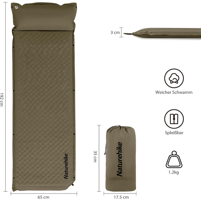 Каремат Naturehike самонадувний з подушкою, комбінований двомісний, ультралегкий, 3 см, армійний зелений, для кемпінгу та подорожей