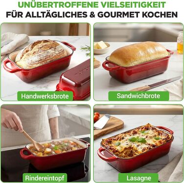 Форма для випічки хліба NutriChef чавунна емальована з кришкою 22.9 см, червона + рукавиці