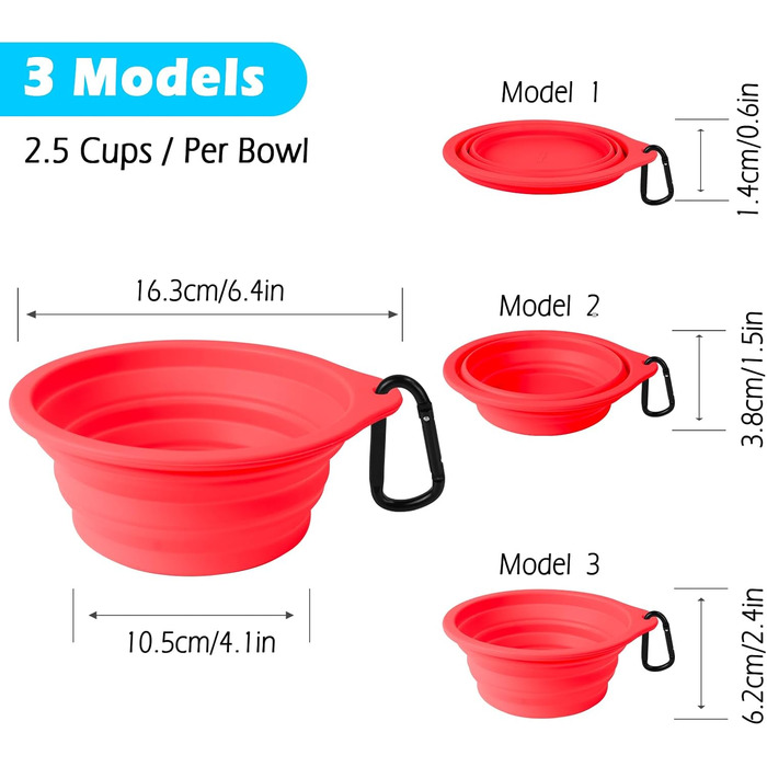 Складані миски для собак PetBonus, 2 шт. Силіконові миски для води та корму для собак, чорний та червоний (600 мл)