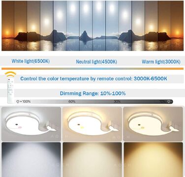 LED Ceiling Lamp, Dolphin Shape, Dimmable with Remote Control, Boy Girl Baby Kids Children's Room Lamps Ceiling, Children's Room, Bedroom Lamp, Room Lighting, Chandelier, White, 50cm