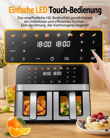 Фритюрниця повітряна Jacgood з 2 кошиками, 1800W, 9L, цифрове керування, 8 меню, з прозорим вікном