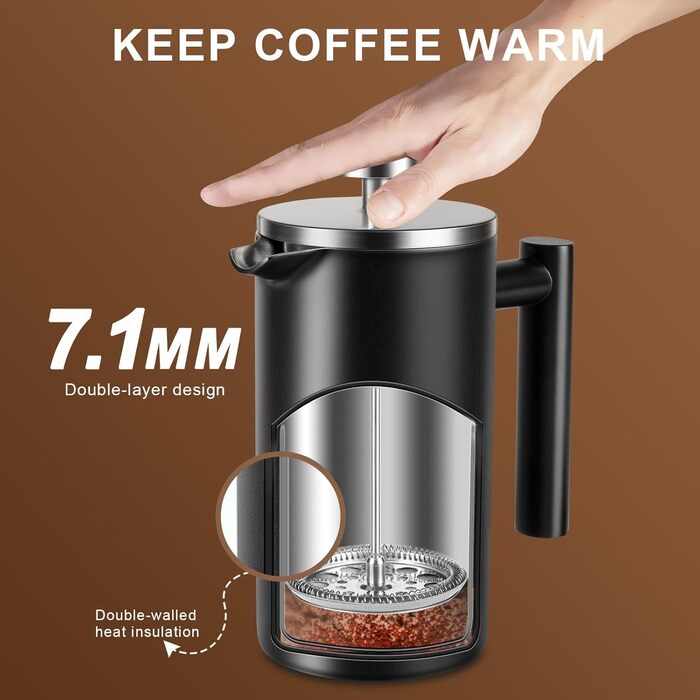 French Press Coffee Maker, 100 ml, large, insulated, robust premium stainless steel, 4-6 cup capacity, coffee press, French press plunger, teapot, black