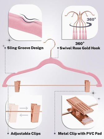 Вешалки для одягу HOUSE DAY, 20 шт., з кліпсами, ультратонкі, оксамитові, неслизькі, для штанів, економія місця (персиковий рожевий)