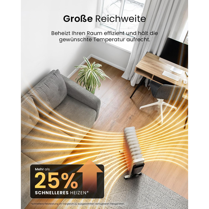 Pro Breeze 2500W Oil Radiator with 11 Fins, Electric Heater - Energy-Saving Oil Radiator, 3 Heating Levels, Adjustable Thermostat, 24h Timer, Touch Display & Safety Shut-Off Function White - No App
