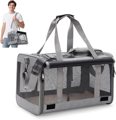 Транспортна сумка для котів та маленьких собак ALLSOPETS до 9 кг, дихаюча переноска, м'яка сумка для подорожей на авто, літак та до ветеринара (Frostgrau)