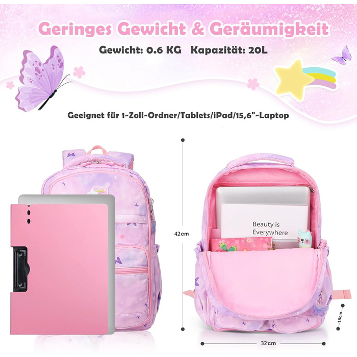 Рюкзак шкільний для дівчинки Schulrucksack, 43x35x17 см, фіолетовий з метеликами, для дітей 5-10 років, велика місткість