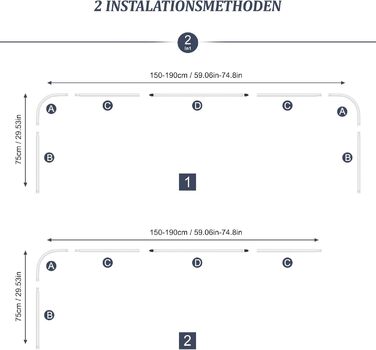 Штанга для душу U/L форми, 75x(150-190)x75 см - 2 в 1 (душова завіса, ванна, кут) - без кріплення до стелі, 24 кільця з нержавіючої сталі (біла)