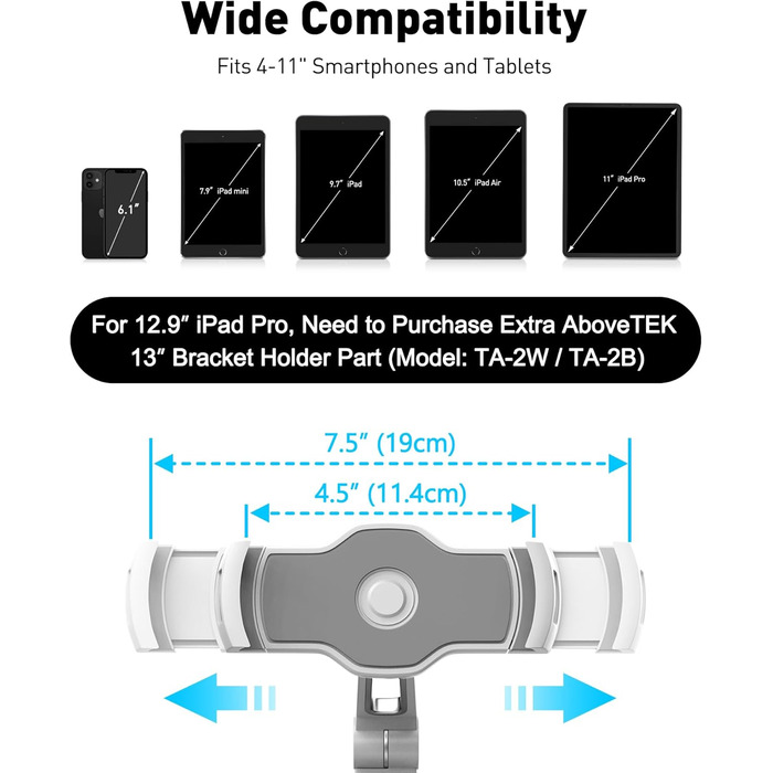 Підставка для планшету та смартфона AboveTEK з присосками, 360° обертання, для iPad/Android (4-11 дюймів), авто/дім/офіс, білий