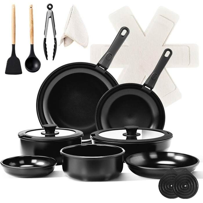 Набір каструль LEADZM з керамічним покриттям, 22/23 частини, сумісний з усіма плитами, індукційний, без PFOA/PFOS (Бежевий/Чорний)