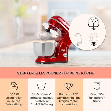 Klarstein Stand Mixer, dough mixer with 5L bowl, 1800W professional stand mixer with dough hook and whisk, universal kitchen machine with 6 speeds, dough machine for stirring, kneading and whipping