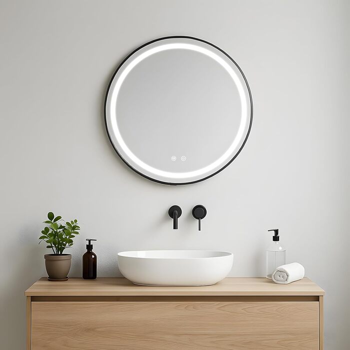LED дзеркало для ванної кімнати з підсвічуванням, кругле, регульоване, 3 кольори світла (3500K-6500K), сенсорне керування, запобігає запотіванню - дзеркало для ванної кімнати з підсвічуванням для макіяжу та гоління (60 см, стильний дизайн)