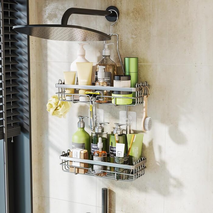 HapiRm Shower Shelf for Hanging, Hanging Shower Rack with Multiple Hooks - High-Quality Hanging Shower Basket Stainless Steel, No Drilling Required, Silver