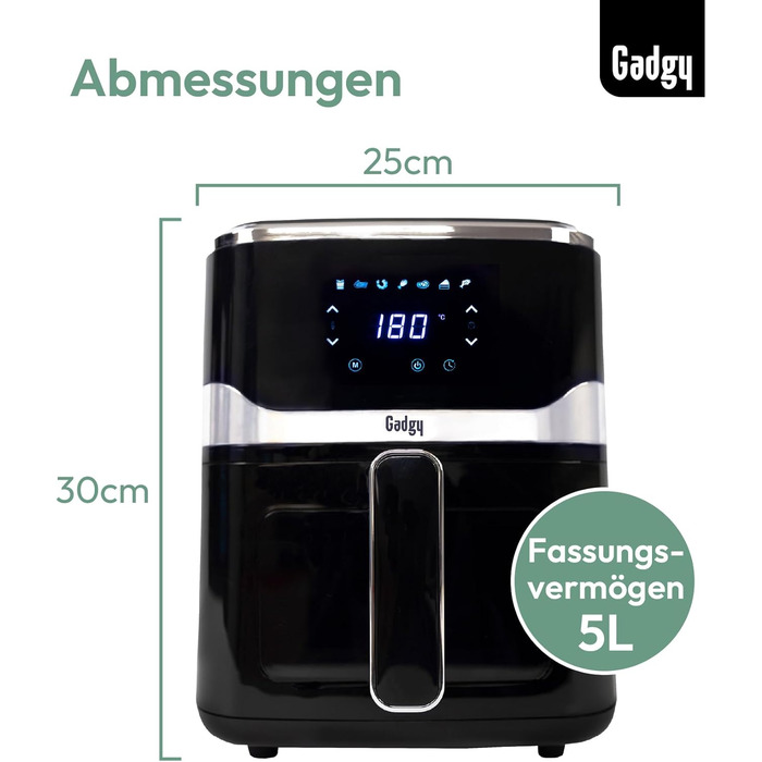 Фритюрниця без олії Gadgy 5L з цифровим дисплеєм та скляним вікном - Airfryer з антипригарним покриттям, 1400W, регулювання температури 80-200°C