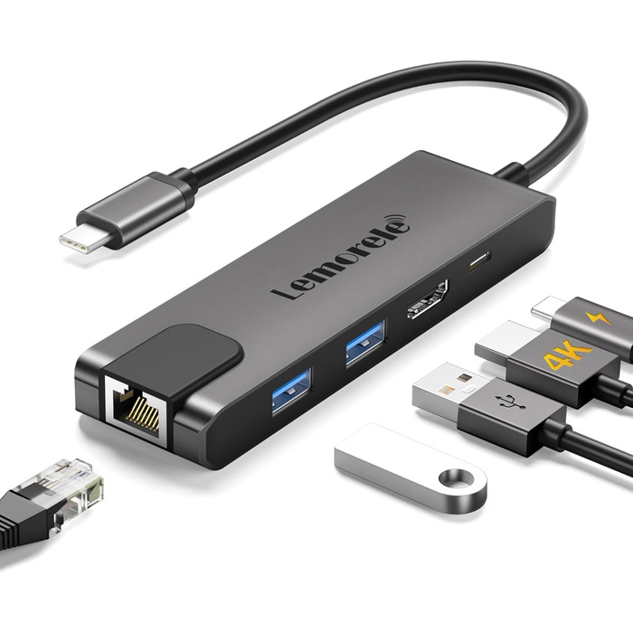 Lemorele USB-C хаб 14-в-1: док-станція з 3 портами дисплея (2 HDMI 4K + VGA), 5 USB (3x USB 3.0), 100W PD, SD/TF кардрідер, аудіо, сумісна з MacBook, Dell, Windows