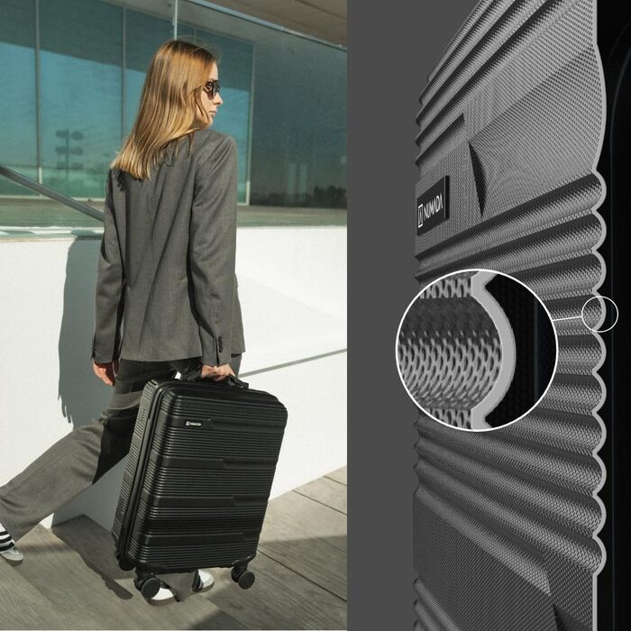 Набір валіз NUMADA Upfly T10 ABS (4 шт.): ручна валіза 55x40x20 см, середня 60 л, велика 78 л + косметичка. Міцний та надійний багаж.