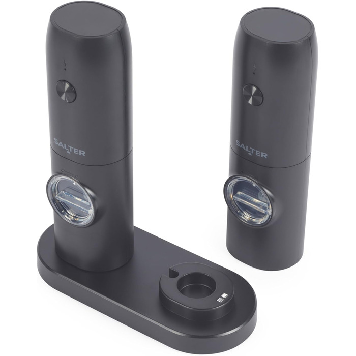 Набір електричних мельниць для солі та перцю Salter - регульований ступінь помолу, прозорі вікна, кнопка, база для зберігання, USB-кабель, керамічний механізм, підсвічувана база