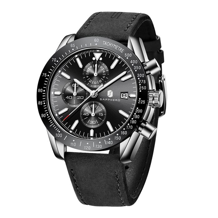 Годинник чоловічий BENYAR Chronograph з кварцовим механізмом, аналоговий, з шкіряним ремінцем. Стильний дизайн для бізнесу, спорту та повсякденного носіння. Водостійкість 30M. Елегантний подарунок для чоловіків (чорний ремінець, сріблясте корпус, чорне ци