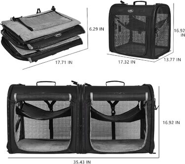 Складана переноска для котів Wakytu велика, 89x35x43 см, для 2 котів, 2-в-1 переноска та автокрісло, безпечна та провітрювана, підходить для подорожей, ветеринара, для маленьких собак та котів. Чорний колір.
