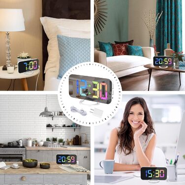 Цифровий годинник SZELAM з LED-дзеркалом 7 дюймів, 2 USB-порти, функція відкладання, автоматичне регулювання яскравості, для дому (білий)