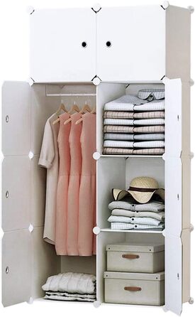 BRIAN & DANY 12-Cube Wardrobe, Modular Closet/Wardrobe/Shelving System, Plastic Wardrobe with Doors & 2 Hangers, Additional Stickers Included (8 Cube, White)