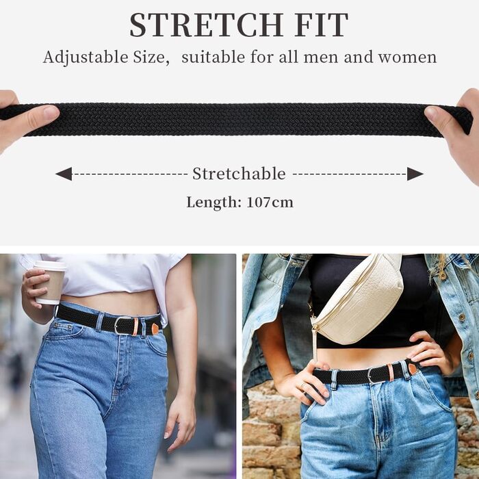 Жінський та чоловічий тканинний ремінь Flintronic, еластичний плетений ремінь, ширина 3.3 см, довжина 107 см (обхват талії 76-115 см), кольори: бежевий+синій