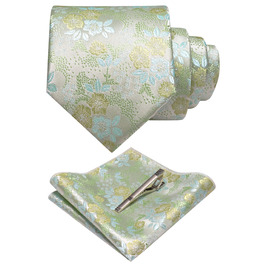 Чоловіча краватка та хустинка JEMYGINS з квітковим принтом, комплект з затискачем для краватки (Світло-зелений/Яскраво-зелений)