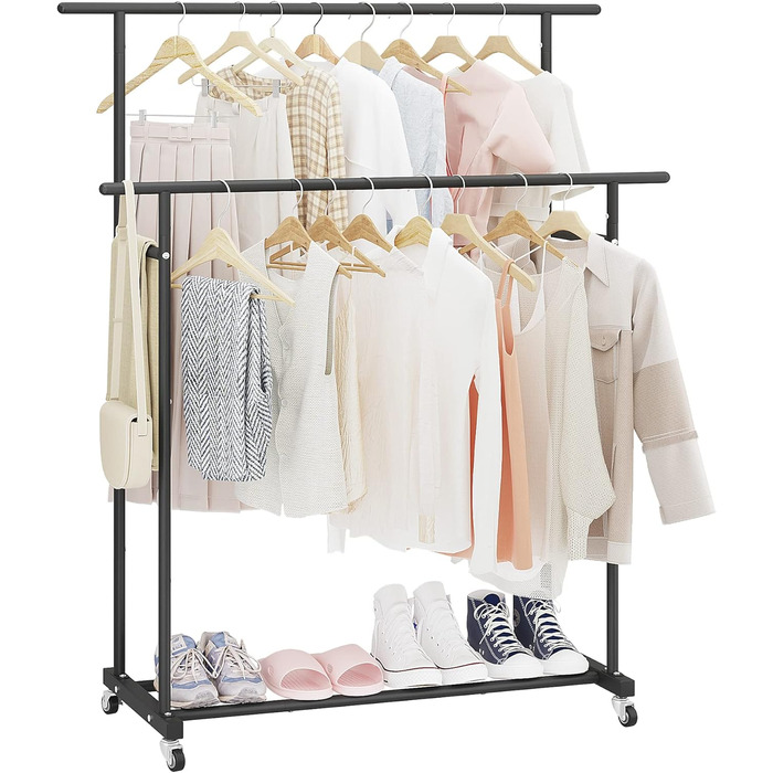 Clothes Rack with Double Rod, Rolling Clothes Rack, Portable Clothes Rack for Bedroom, Living Room, Clothing Store (Black)