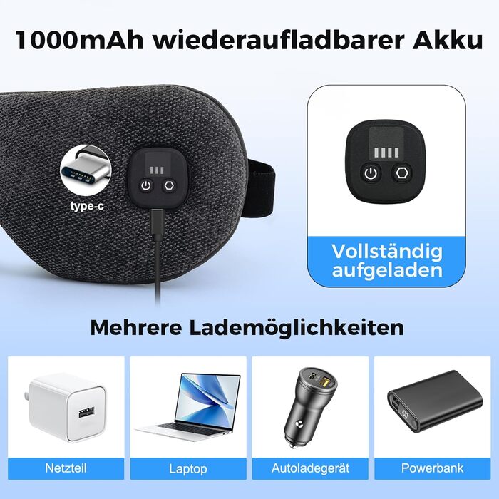 Гріюча маска для очей з акумулятором 1000mAh, бездротова, 4 рівні нагріву, чорна. Подарунок для друзів та сім'ї