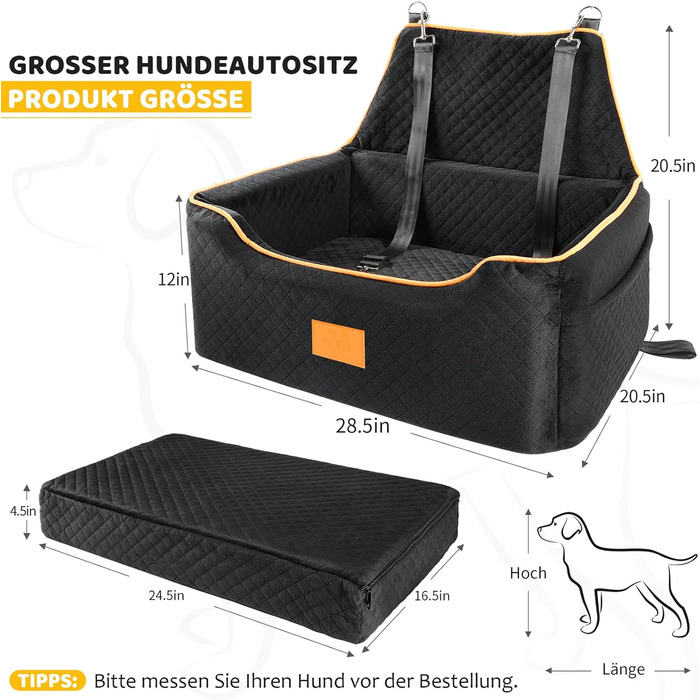 GL GLENSLAVE Dog Car Seat for Medium/Large Dogs - Elevated Pet Seat for Dogs Up to 25kg or 2 Small Dogs - Removable & Washable with Thick Cushions & Storage Pockets (Black)