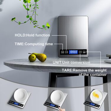 Кухонні ваги GRAM: цифрова вага для приготування їжі та випічки, 10 кг, з таймером та функцією утримання, точність 1 г, з нержавіючої сталі та загартованого скла