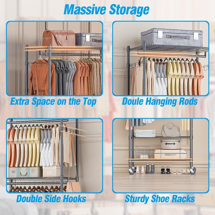Double Clothes Rack/Garment Rod with Adjustable Shelves, Heavy-Duty Clothes Rack with 2 Hooks, Clothes Rack with Wheels, 90 * 42 * 205cm, White (Gray, 60*42*205cm)