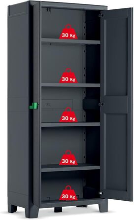 Keter Moby Plastic Cabinet, Tall, Anthracite/Green/Grey, 80 x 44 x 182 cm, including 4 adjustable shelves with a load capacity of 30kg each, suitable for indoor and outdoor use, UV and water resistant (IPX3)