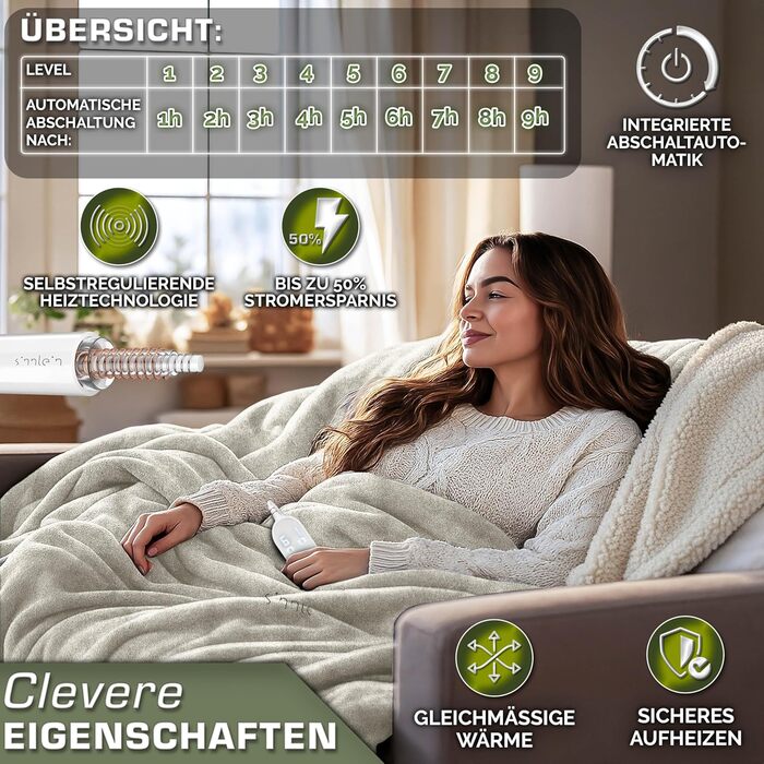 Електрична ковдра Sinnlein® з автовимкненням 200x180 см, 9 температурних режимів, таймер, цифровий дисплей, бежева
