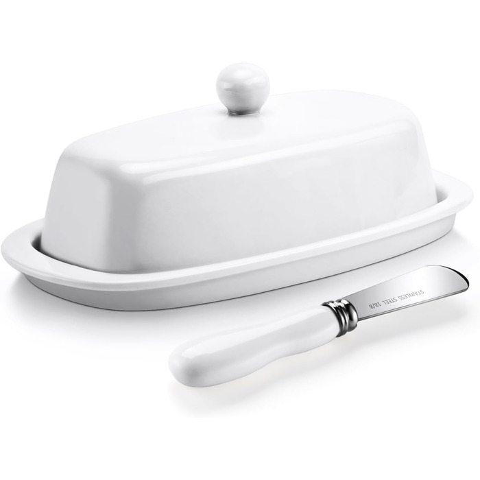 Ceramic Butter Dose with Lid and Knife for Countertop Refrigerator, 20.3 cm, White Butter Holder with Porcelain Lid Knob, Handle for East-West Butter Sticks