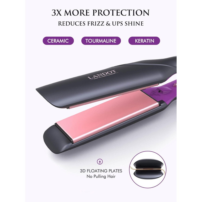 LANDOT Професійний випрямляч для волосся з керамічним покриттям 45 мм, 12 температурних режимів (120–230°C), рожеве золото, чорний