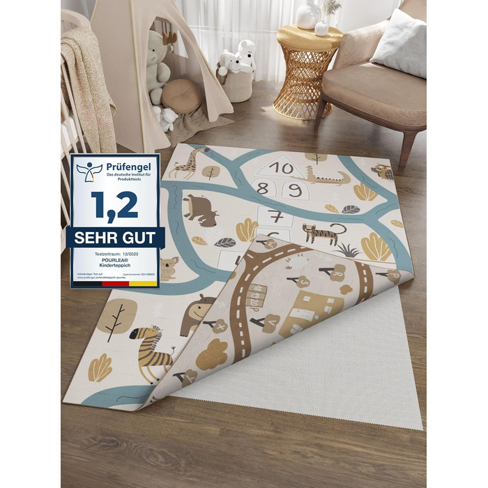 Дитячий килимок pourlea® двосторонній, Oeko Tex, з антиковзкою підкладкою, 140x200 см, ігровий килим Safari та автодороги, для дитячої кімнати, бежевий
