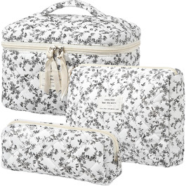 Набір косметичок 3 шт. з квітковим принтом, для жінок та дівчат | Косметичка для подорожей та повсякденного використання | Білий, чорний, квіти